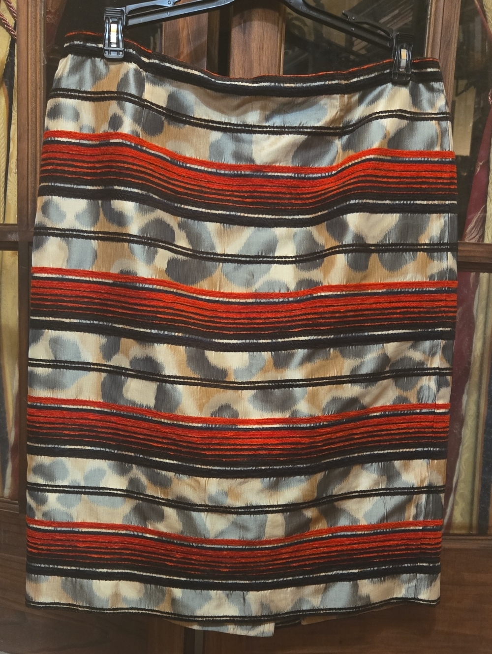 Worth New York Red Velvet And Leopard Satin Stripe Skirt